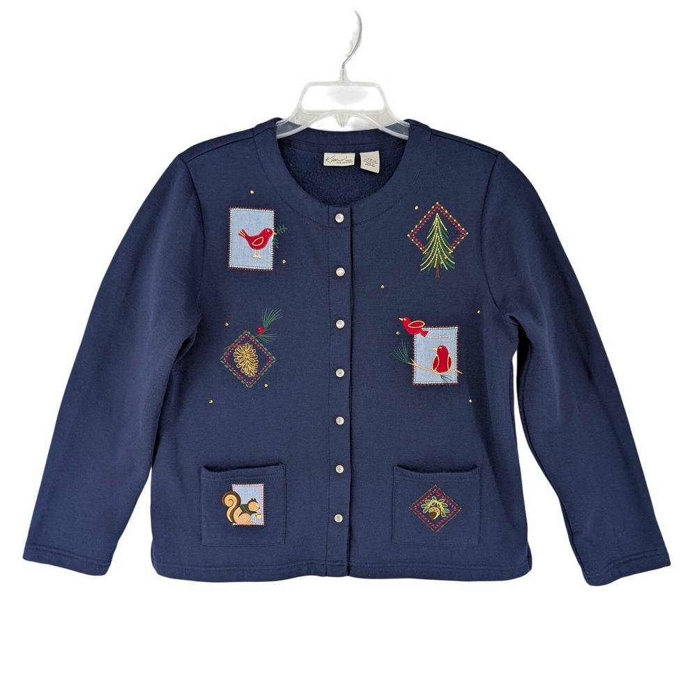 PM Kim Rogers Navy Blue Cardinal Squirrel Christmas Sweatshirt Cardigan Winter
